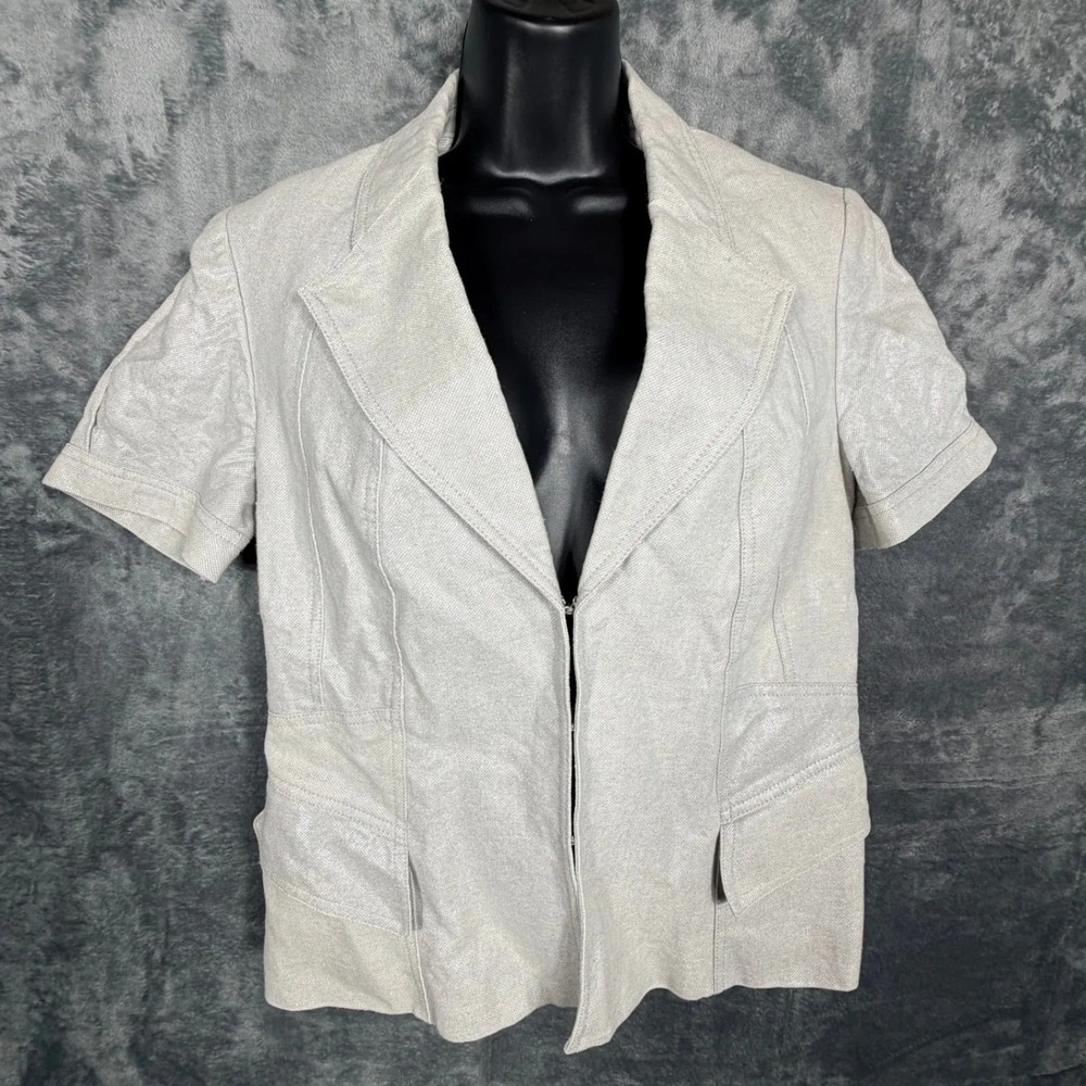 Anne Klein Womens Blazer Jacket 12 Silver Metallic Short Sleeve Linen‎ Blend